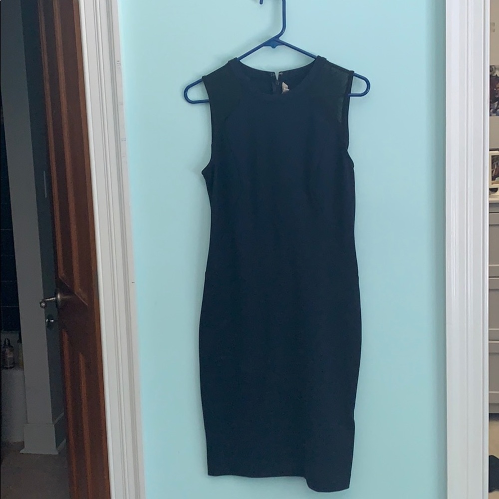 NAVY SHEATH DRESS WITH MESH PANELING
